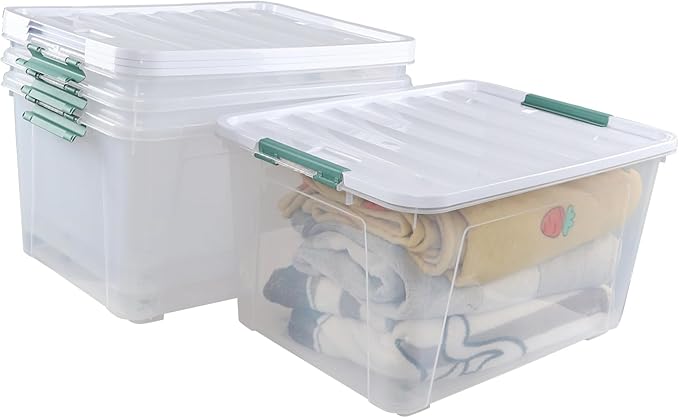 80 L Large Clear View Plastic Storage Bin with Lid and Secure Latching Buckles, 4-Pack Wheeled Clear Storage Boxes