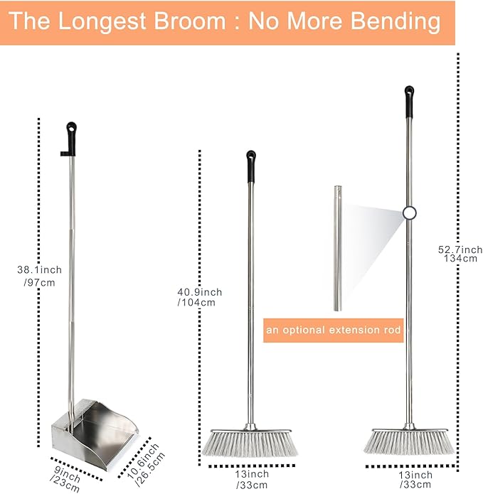 Broom and Dustpan Set,Soft Bristles Indoor Kitchen Broom with Stainless Steel Dustpan ，Metal Dust Pan，Silvery White, Suitable for Ceramic Tiles, Solid Wood, Composite Flooring