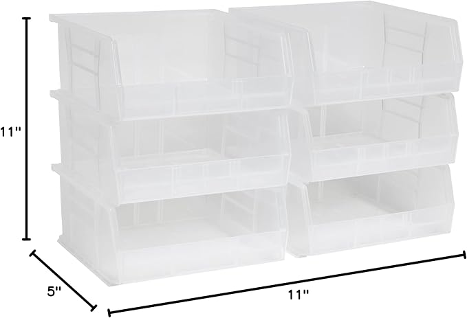 Akro-Mils 30235 AkroBins Plastic Storage Bins, Space-Saving Stackable Bins for Garage, Pantry, Craft Organization, 11" x 11" x 5", Clear, 6-Pack