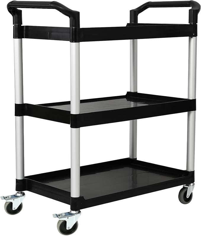 3-Tier Utility Rolling Cart with Wheels, Durable Catering carts with Wheels, Rolling Storage Cart for Hotel Canteen Resturant Office (Black, 34.4" D x 16.5" W x 37.7" H)