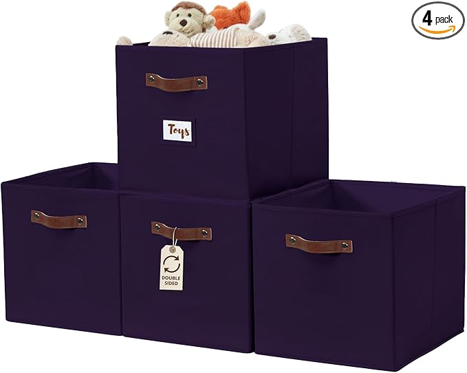 DECOMOMO Storage Baskets, 13x15x13 Storage Cube Bins with Labels for Organizing Shelves Kallax (Kallax / 4pcs, Deep Purple)