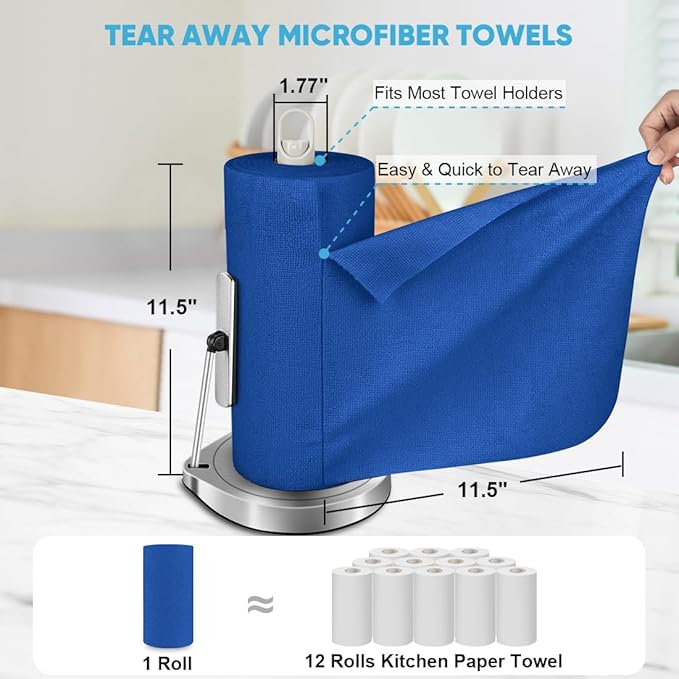 AIDEA Microfiber Cleaning Cloth Roll, 75PK, Reusable Paper Towels Tear Away Cloth, Microfiber Towels Washable Shop Rags, Lint Free Cleaning Rags for House, Kitchen, Window, 11.5"×11.5", Dark Blue