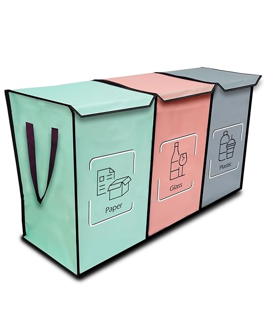 NYIKA - Recycling Organizer - Reusable Recycling Bags - Recycling Sorter - Trash Sorting Bins - 3 Compartment Recycle - Pack of 3 Bags with Lid (Mediterranean)