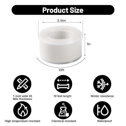 Self Fusing Silicone Tape 2 Rolls 1 in x 10' White Waterproof Rescue Tape Rubber Leak Silicone Self-amalgamating Tape for Plumbing, Sealing Pipes, Hose Repair, Outdoor Coax and Tool Fixation