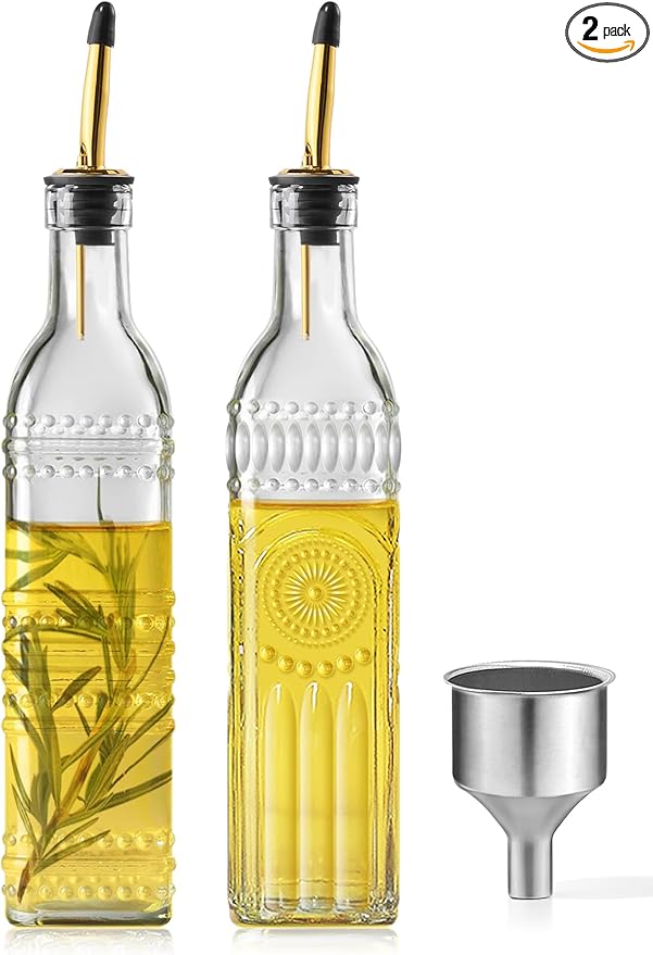 2 Pcs Olive Oil Dispenser Bottle for Kitchen,17oz Clear Glass Cooking Oil and Vinegar Dispenser Set, Coffee Syrup Dispenser with 2 Pourers and 1 Funnel (Two squares)