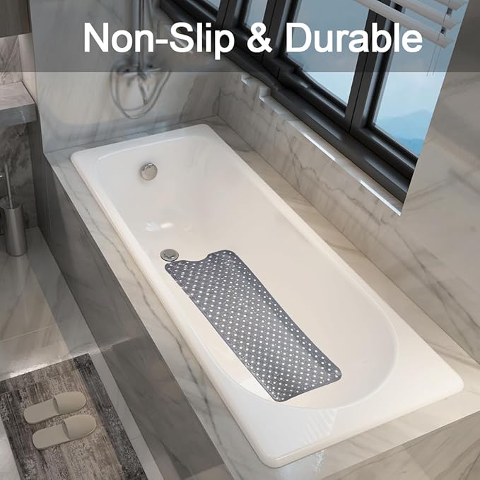 Bath Tub Mat Non Slip, 39 x 16 Inch Long Shower Mat, Machine Washable Bathmat with Drain Holes (Gray)