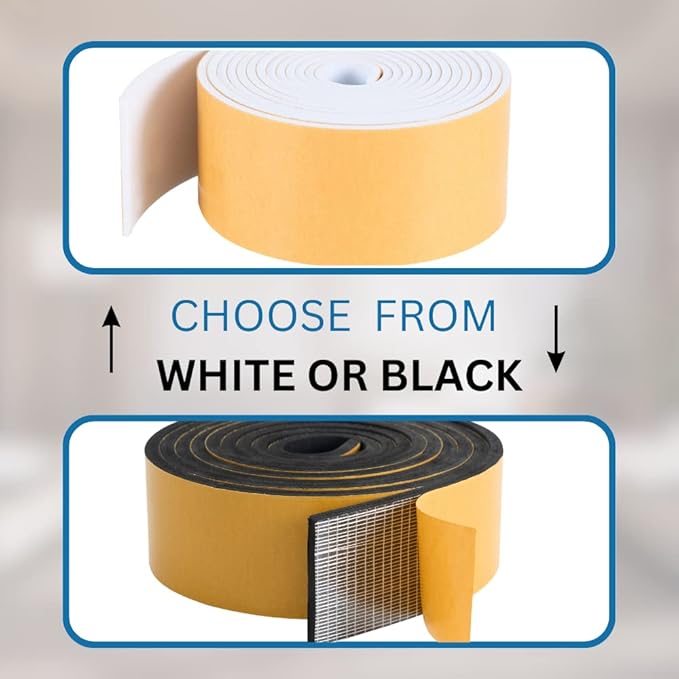 High Density Foam Weather Stripping Door Seal Strip Insulation Tape Roll for Insulating Door Frame, Window, Air Conditioner | Self Adhesive Sealing Weatherstrip (2 in x 1/16 in x 10 Ft, Black)