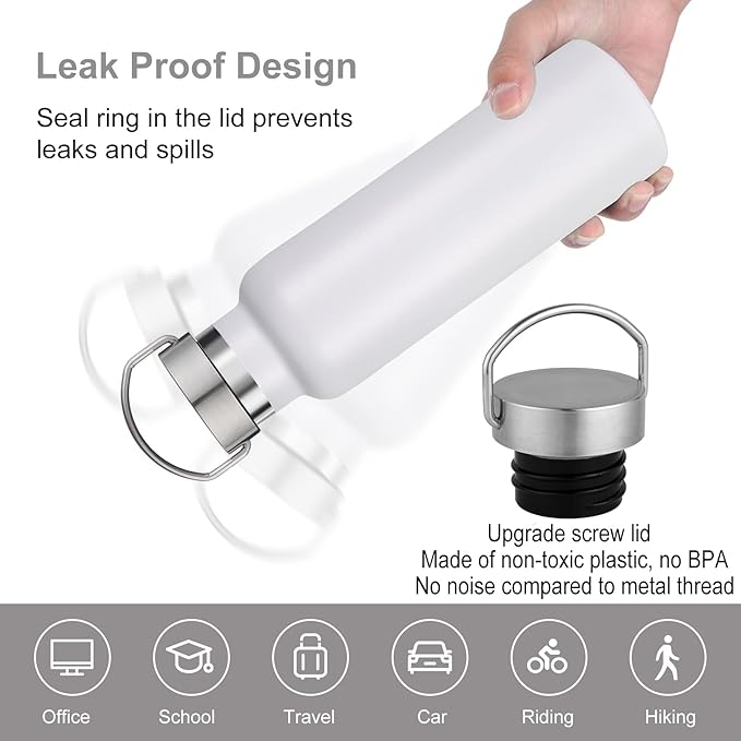 Neihepal 20 oz Insulated Water Bottles Bulk 2 Pack,Stainless Steel Double Wall Sport Bottle with Lid of Handle,Metal Reusable Thermoses Flask with Cup Cap for School,Cyclists,Gift (White,Set of 2)