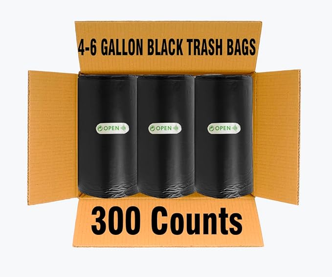 4-6 Gallon Trash Bags, 300 Count Black Garbage bags, Multi-purpose Trash Can Bin Liners for Bathroom, Office, Industrial, Commercial, Janitorial, Municipal, Recycling