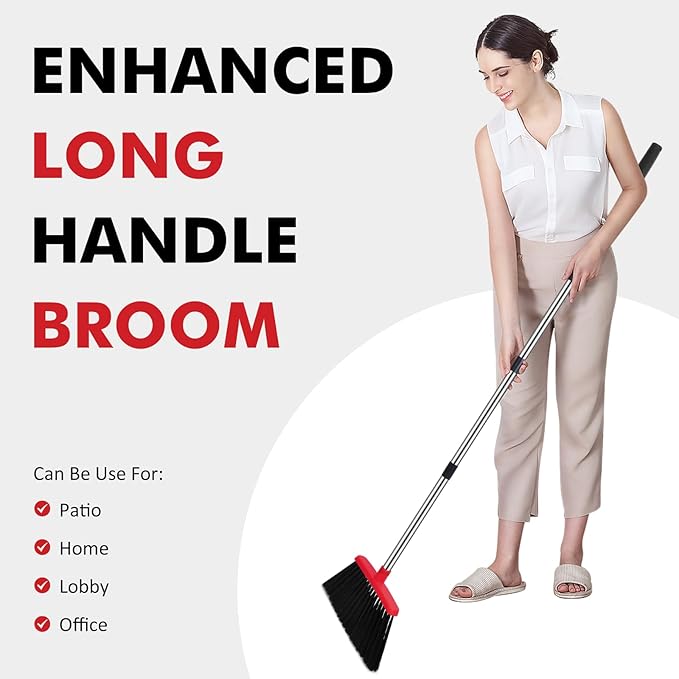 NACENA Heavy Duty Broom, 55 Inch Long Handle Outdoor Large Angle Brooms, Commercial Broom for Sweeping Indoor, for Home Garage Kitchen Office Courtyard Lobby Patio Lawn Concrete, 4 Pack (Black&Red)