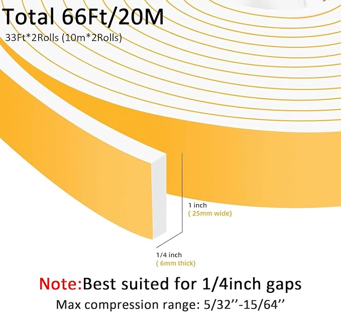 High Density Foam Weather Stripping Door Seal Strip Insulation Tape Roll for Insulating Door Frame, Window, Air Conditioner Soundproof Self Adhesive Sealing Weatherstrip(1 in x 1/4 in x 66 Ft)