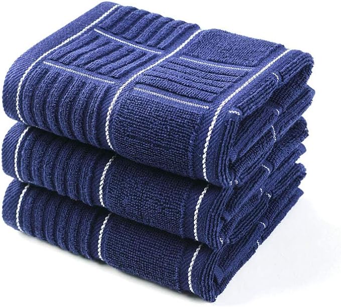 Anyi 100% Cotton Kitchen Towels, Absorbent Dish Towels with Hanging Loop, Soft Kitchen Hand Towels for Washing Drying Dishes(16x26, Set of 3, Navy)