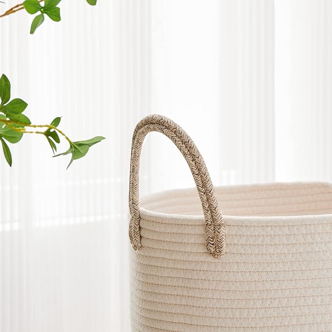 VIPOSCO Large Laundry Hamper, Tall Woven Rope Storage Basket for Blanket, Toys, Dirty Clothes in Living Room, Bathroom, Bedroom - 53L White & Brown