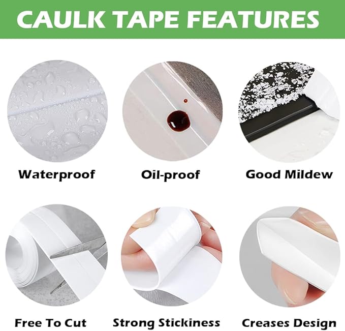 2 Pack Caulk Strip, 1.5" x 10.5Ft PVC Self Adhesive Caulk Tape, Sealing Waterproof Silicone Tape for Bathroom Bathtub Kitchen Toilet Wall Windows
