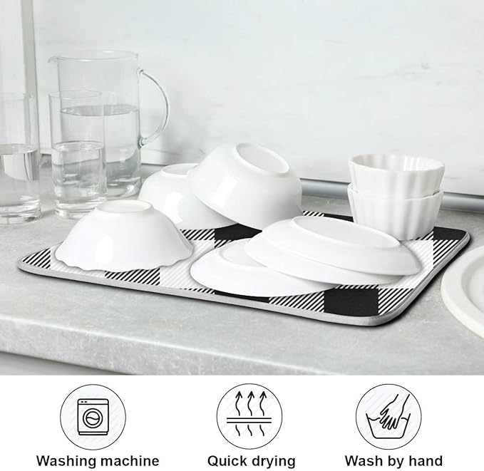 White and Black Buffalo Plaid Dish Drying Mat 16x18 for Kitchen Classic Buffalo Check Dishes Pad Dish Drainer Rack Mats Absorbent Fast Dry Kitchen Accessories