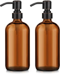 AmazerBath Amber Glass Soap Dispensers, 2 Glass Amber Pump Bottles, 17 Oz Dish Soap Dispenser, Kitchen Bathroom Hand Soap Dispensers for Hand Sanitiser, Shampoo, Lotion, Shower Gel Conditioner