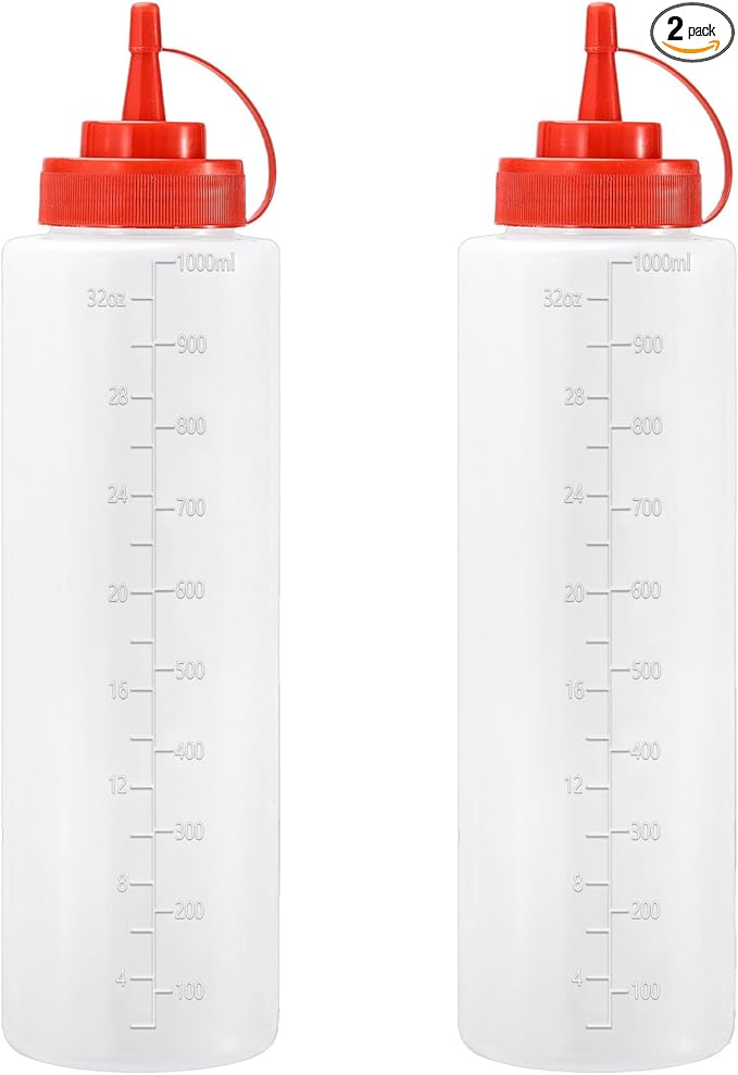 Condiment Squeeze Bottles Ketchup Dispenser, 2 Pack 32oz Squeeze Bottles for Liquids, Plastic Sauce Bottle with Cap Lid, Squirt Bottles for Sauces Liquids BBQ Dressing Pancake Art
