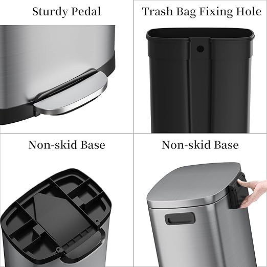 13 Gallon Trash Can with Lid, 50L Fingerprint Proof Stainless Steel Kitchen Trash Can with Removable Inner Bucket and Lid Soft Close, Pedal Rubbish Bin for Home Office（Silver）