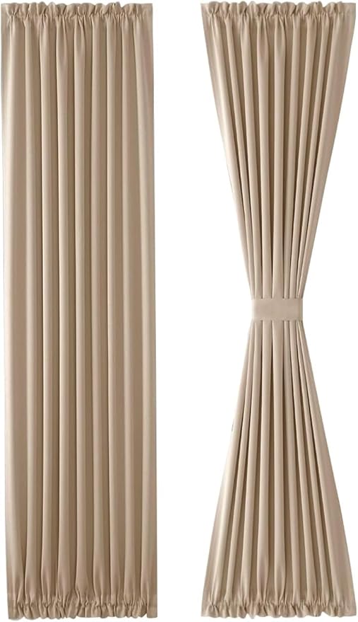 DWCN French Door Curtains – Rod Pocket Thermal Blackout Curtain for Doors with Glass Window, Kitchen and Patio Doors for Privacy, 25 X 80 Inches Long, 1 Curtain Panel with Tieback, Beige