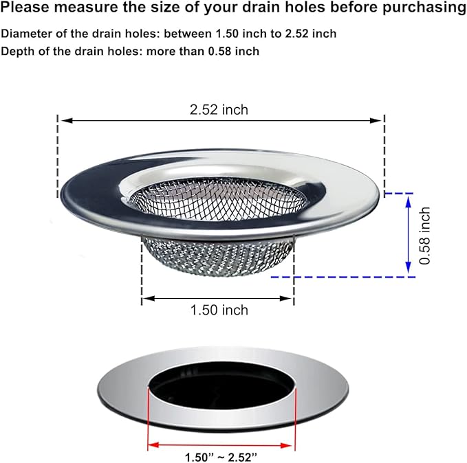 1.50" Bathtub Strainers, Bathroom Sink Strainers, Shower Drain Hair Catcher, Drain Strainer for Laundry, Mop Pool, Utility, Slop, RV Sink, Stainless Steel, Pack-2