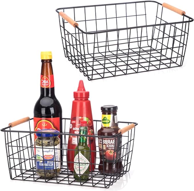 Metal Wire Food Storage Basket Organizer with Wooden Handles for Organizing Kitchen Cabinets, 4 Packs-Black