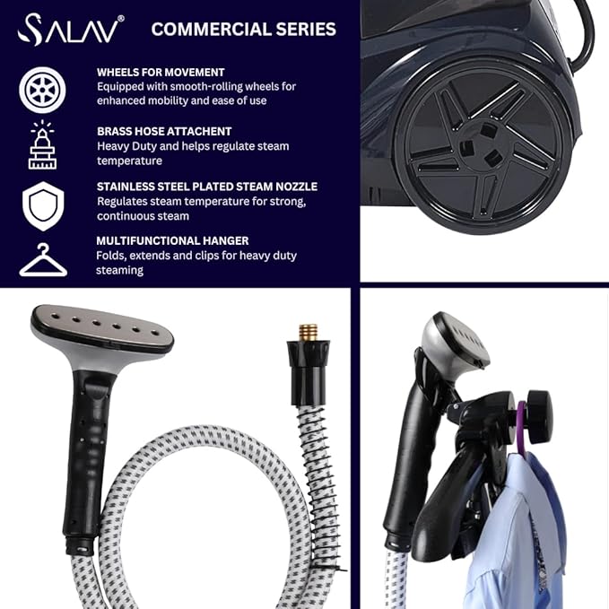 SALAV® Heavy Duty Smart Auto Shut-off Commercial Full-Size Garment Steamer, Beeping Alert when Water Runs out, Foot Pedal Control, XL 3L (101.5 oz) Tank, 1800 watts, 90+min of Continuous Steam, Navy