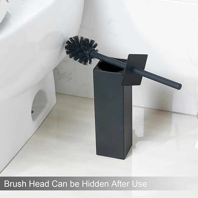 Matte Black Square Stainless Steel Toilet Brush with Holder, 304 Modern Toilet Brush Set – Rust Resistant, Long Handle, Replacement Heads, Floor Standing Bathroom Toilet Cleaning Brush