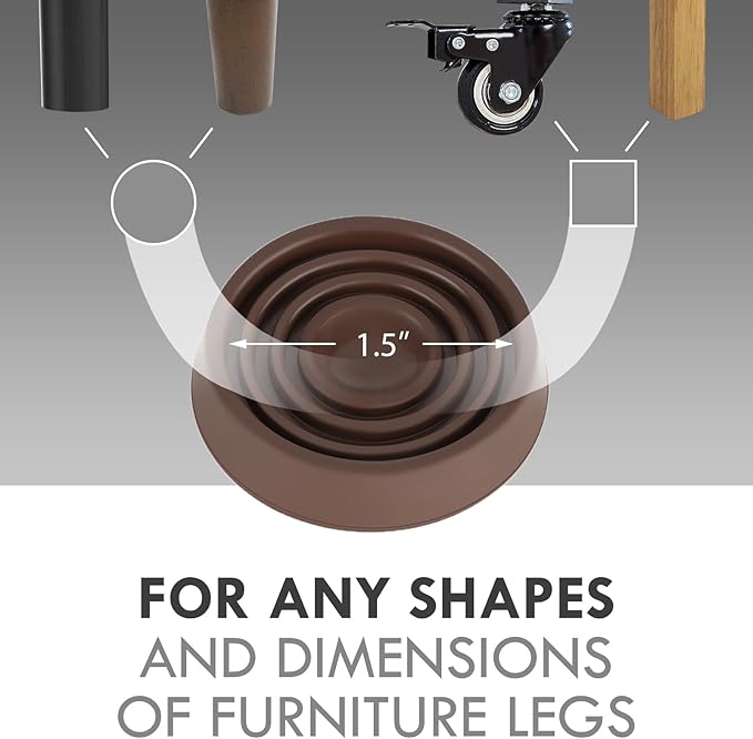 Furniture Coasters, 1.5X1.5 Rubber Caster Cups Non Slip Furniture Pads Non Skid Furnitures Grippers Anti Slide Floor Protector for Bed Couch Table Chair Stoppers (Brown, 8 Pack)