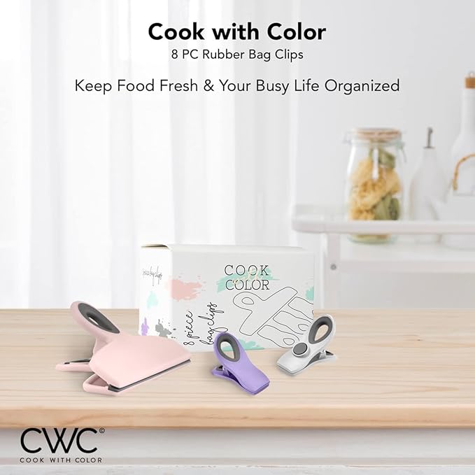 COOK WITH COLOR Bag Clips - Heavy Duty Chip Clip and Refrigerator Magnet Clips for Food Storage with Air Tight Seal Grip, Multi, Pack of 8
