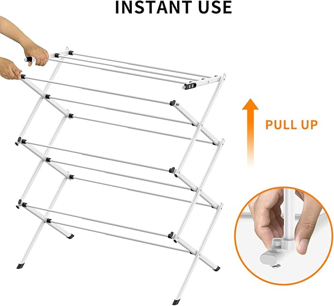 3 Tier Clothes Drying Rack,Foldable & Portable Clothing Drying Rack,Space-Saving Design, Indoor & Outdoor Laundry Rack for Drying Clothes,Metal Dryer Rack-Pure White