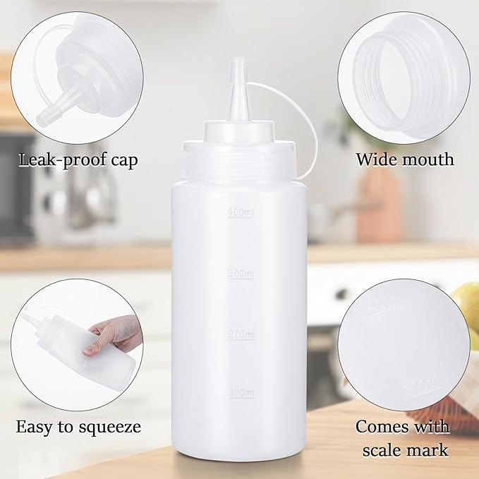 Condiment Squeeze Bottles Ketchup Dispenser, 6 Pack 16oz Squeeze Bottles for Liquids, Plastic Sauce Bottle with Cap Lid, Squirt Bottles for Sauces Liquids BBQ Dressing Pancake Art