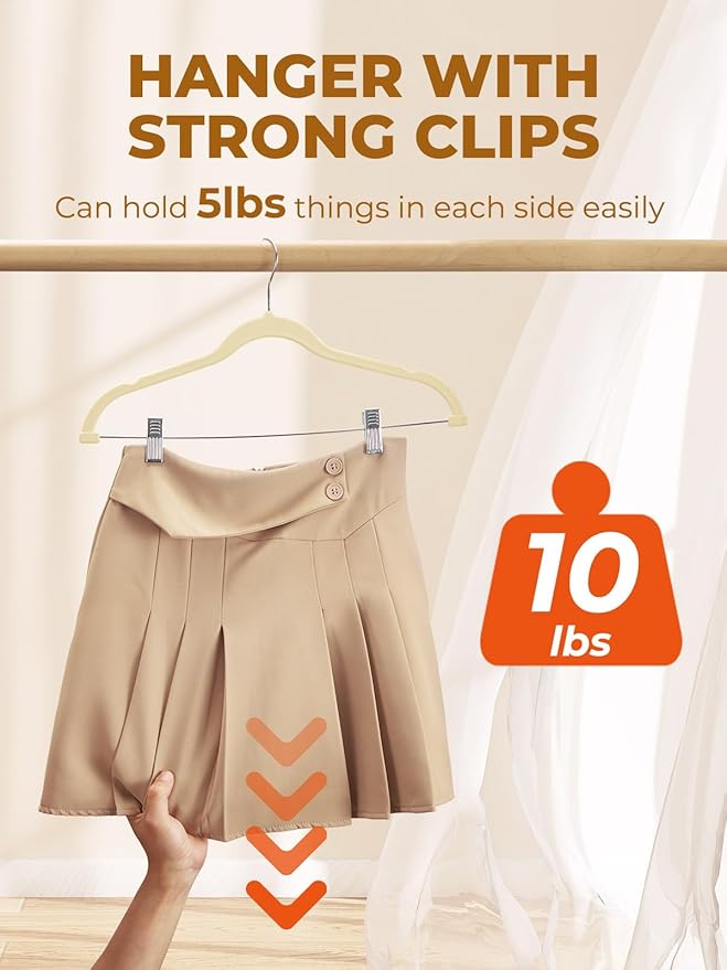 HOUSE DAY Velvet Skirt Hangers 36 Pack, Beige Velvet Pant Hangers with Adjustable Clips, Space Saving Slim Shorts Hanger, Heavy Duty Non Slip Clip Hanger for Pants, Skirts, Shorts