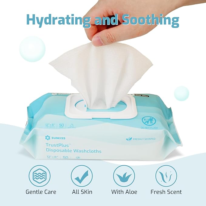 SUNKISS Trustplus Wet Wipes for Adult No Rinse, Extra Large 8”x12” Body Cleaning Washcloths for Elderly Incontinence & Cleansing, Fresh Scented, 800 Count (16 Packs of 50)