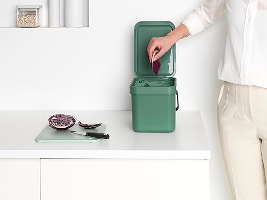 Brabantia Sort & Go Food Trash Can (1.6 Gal/Fir Green) Small Countertop Kitchen Compost Caddy with Handle & Removable Lid, Easy Clean, Fixtures Included for Wall/Cupboard Mounting