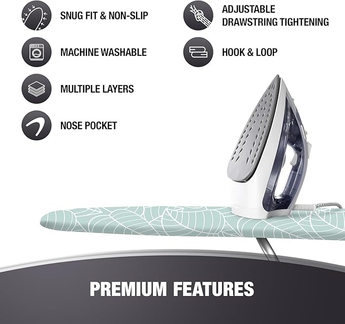 Extra Thick Ironing Board Covers with Pad Standard Size 15x54, Snug Fit Adjustable Drawstring Tightening with Stopper, Heat Reflective Coating, Nose Pocket and Fastener Straps, Green Floral