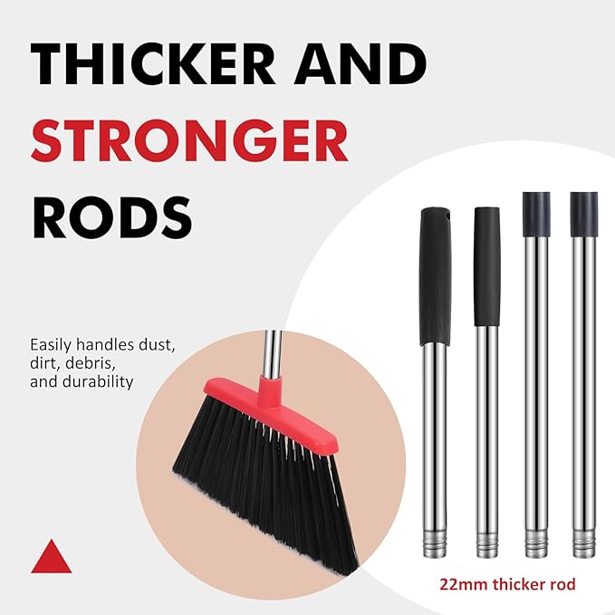 Heavy Duty Broom, 55 Inch Long Handle Outdoor Large Angle Brooms with Holder, Commercial Broom for Sweeping Indoor, for Home Garage Kitchen Office Courtyard Lobby Patio Lawn Concrete, Black Red