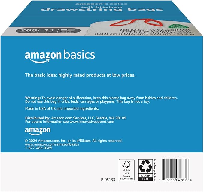 Amazon Basics 13 Gallon Tall Kitchen Drawstring Trash Bags, Unscented, 10% Post Consumer Recycled, 200 Count