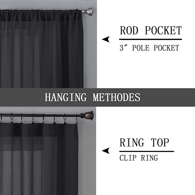 Tollpiz Short Sheer Curtain Living Room Linen Textured Curtains Sheer Light Filtering Voile Rod Pocket Curtain for Bedroom, 38 x 54 inches Long, Black, Set of 2 Panels