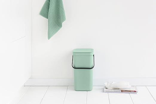 Brabantia Sort & Go Kitchen Recycling Can (3.2 Gal/Jade Green) Stackable Waste Organiser with Handle & Removable Lid, Wall/Cupboard Mounting
