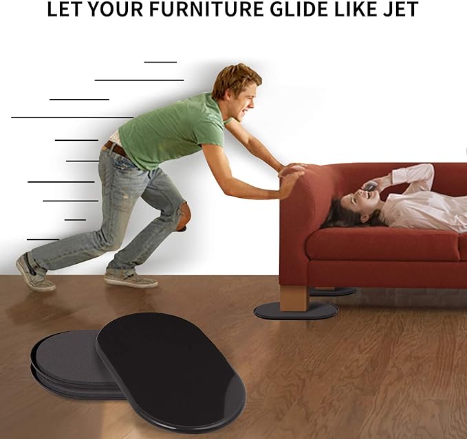 Ezprotekt 8 Pack Large Furniture Movers Sliders for Carpet, 9 1/2" x 5 3/4" Reusable Oval Furniture Moving Pads for Heavy Bed Sofa Fridge Couch Cabinet, Move Items Quickly and Easily (Black)