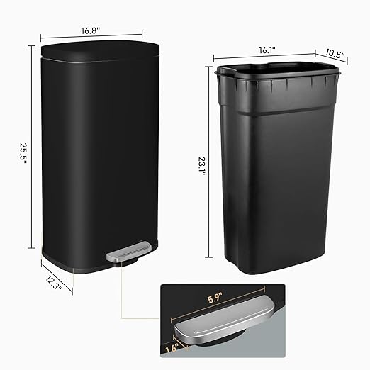 AthLike Trash Can, Stainless Steel Kitchen Garbage Can, Step Waste Bin with Hinged Lid and Removable Inner Bucket, Soft-Close, Dustbin for Bathroom Bedroom Living Room Home (Black, 13.2 Gal)