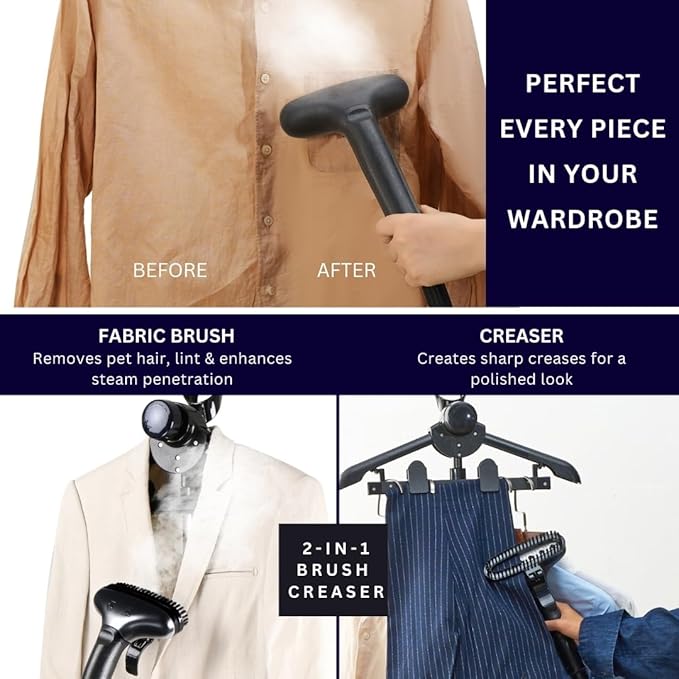 SALAV Commercial-Grade Standing Garment Steamer for Clothes with Auto-Off Safety 1800W Powerful Steam X-Large 3L Water Tank, 90-Min Continuous Use, Pedal-Control System, Beeps when Out of Water, Navy