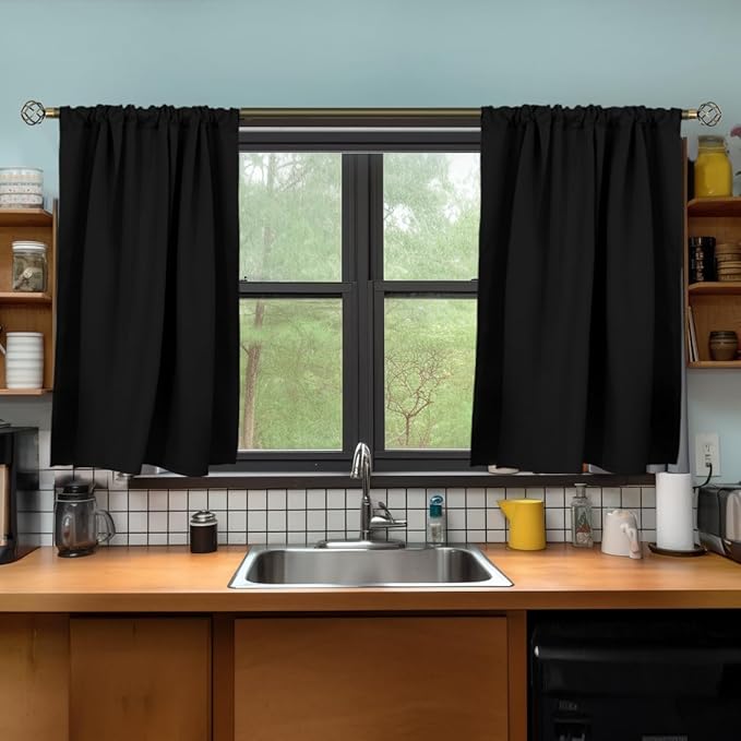 BGment Small Black Curtains Half Window for Kitchen 36 Inch Length - Rod Pocket Short Blackout Drapes for Bathroom Cafe RV Privacy, 2 Panels, 29 x 36 Inch