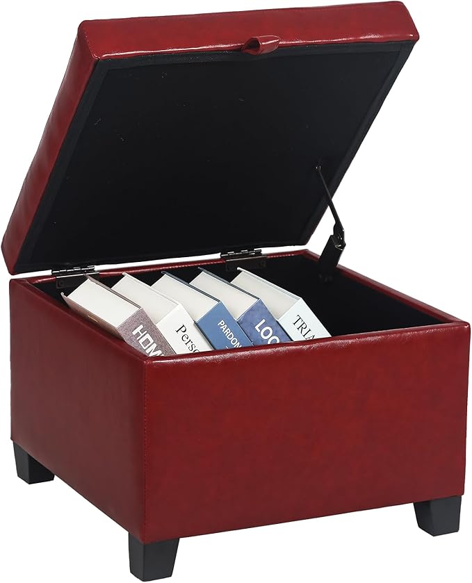 Adeco Faux Leather Storage Ottoman with Hinged Lid, 14 Inch High Red Square Cube Foot Stool with Storage, Upholstered Vanity Stool with Solid Wood Legs for Living Room, Bedroom, Dorm