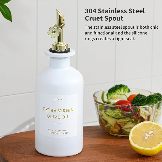 HOMCDALY Olive Oil Dispenser for Kitchen, 11.8oz Glass kitchen Dispenser Bottle, Gold Oil&Vinegar Cruet Set, Leakproof Oil Containers for Cooking| Set of 2 (11.8oz – Gold)