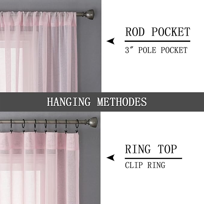 Tollpiz Sheer Curtains Linen Textured Bedroom Curtain Sheers Light Filtering Rod Pocket Voile Curtains for Living Room, 54 x 63 inches Long, Pink, Set of 2 Panels