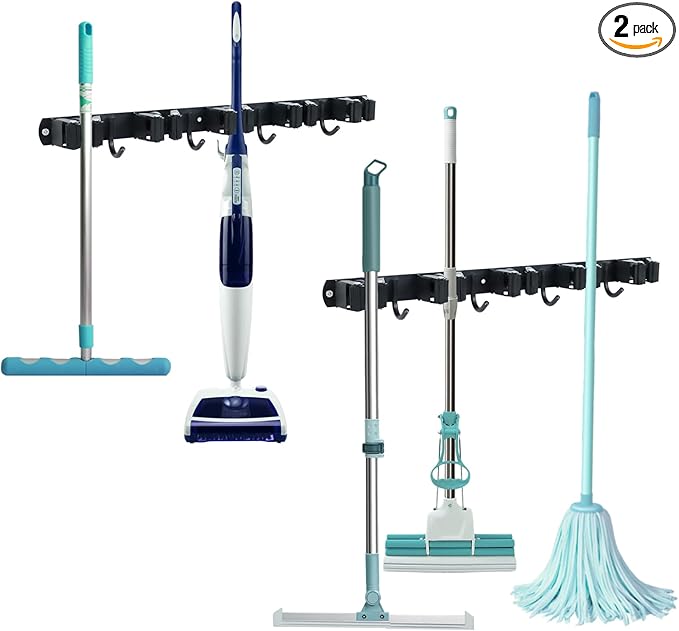 Broom and Mop Holder Wall Mount - 5 Slots and 4 Hooks Stainless Steel Mop and Garden Tool Storage Rack for Bathroom, Kitchen, Garage, Outdoor （2Pcs