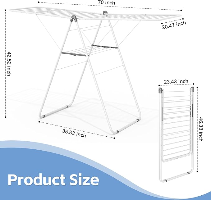 KINGBOARD Clothes Drying Rack Foldable, Metal Drying Rack Clothing with Height-Adjustable, Laundry Rack, Indoor Outdoor Use, No Assembly, 20.47"x 70"x 42.52", White