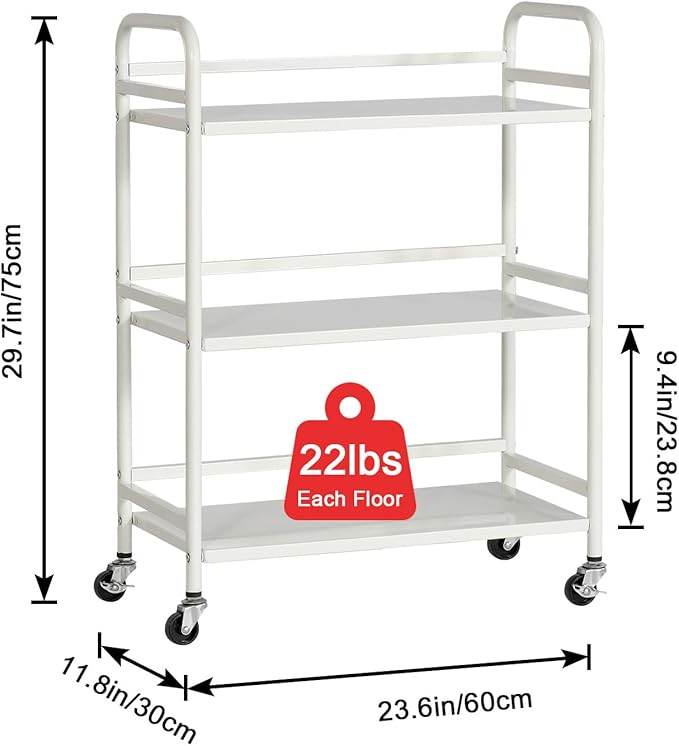 HDANI 3 Tier Metal Utility Multipurpose Rolling Cart, Large Capacity Heavy Duty With Lockable Wheels for Home, Office, Kitchen, Bathroom, Bedroom (White)