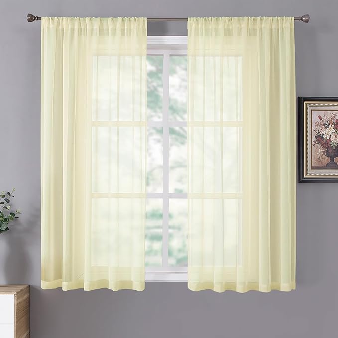 Tollpiz Short Sheer Curtains Linen Textured Living Room Curtain Sheers Light Filtering Rod Pocket Voile Curtains for Bedroom, 42 x 45 inches Long, Transparent Yellow, Set of 2 Panels
